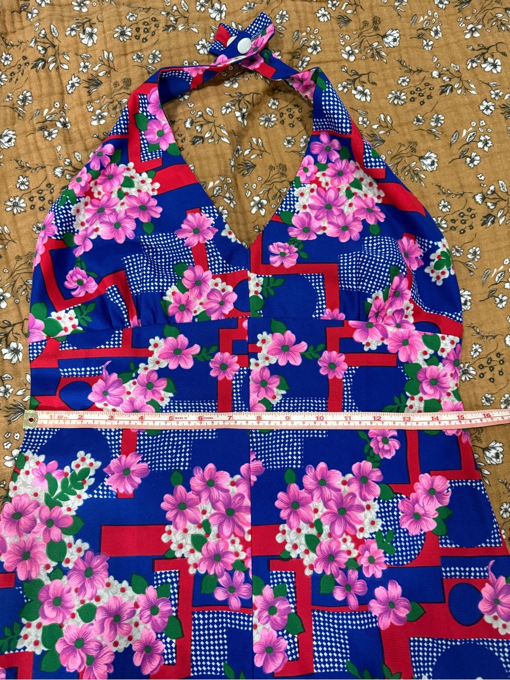 Vintage Floral Halter Maxi Dress - Bold Blue Pink Floral Geometric Print S/M fit - Picture 9 of 11